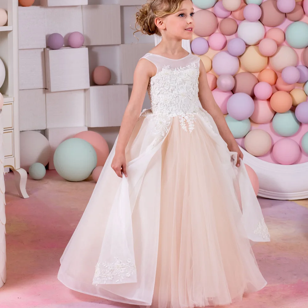 

Child Party Dress Tulle Girl Dresses Ankle-length Kids Evening Ball Gown Long Formal Appliques Dress Custom Made kids Clothes