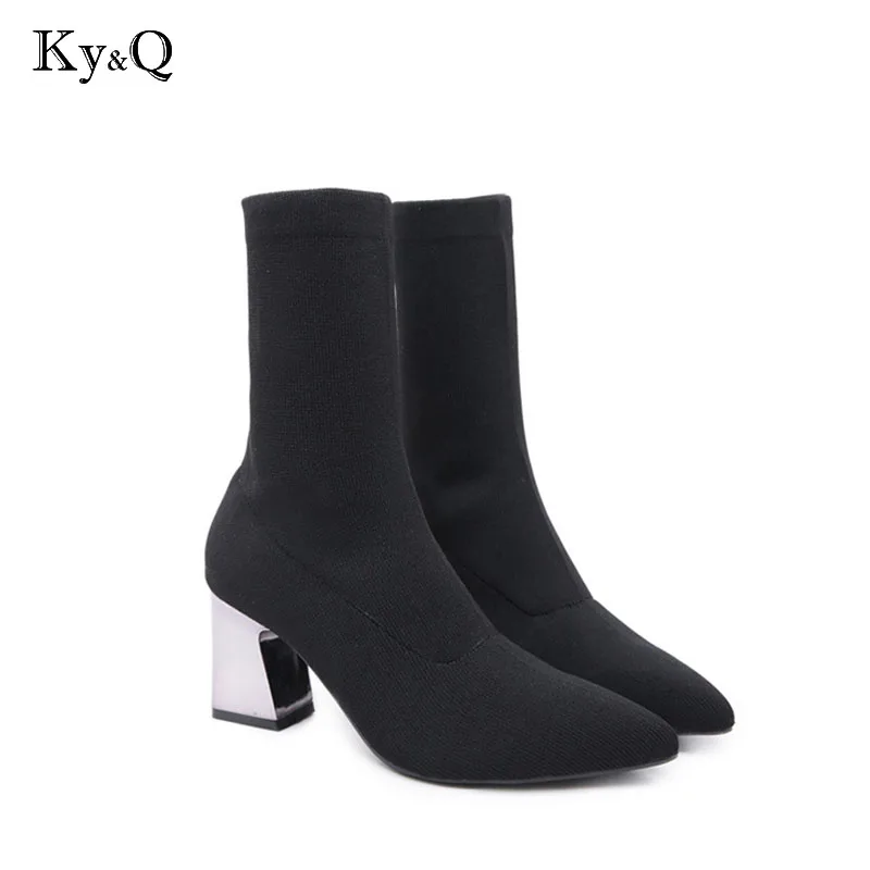 

Women Fashion Female woolen High Ankle Sock Boot Chunky Medium Heel Stretch Knit Bootie Elastic Pointed Toe Sexy Lady Shoe Women