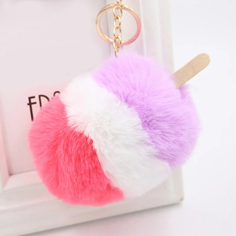 

Fluffy Fake Rabbit Fur Ice Cream Car Key Chain Pompom Keyring Keyholder Pendant Trinket Women Bag Accessories Charm Jewelry Gift