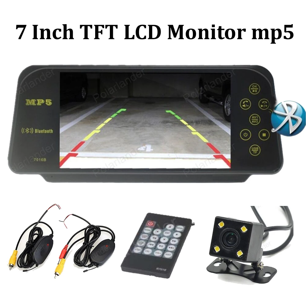Bluetooth 7 Дюймов TFT ЖК-Монитор Автомобиля mp5 2 AV in с 4 led ночного видения камеры заднего вида беспроводной приемник передатчик kit