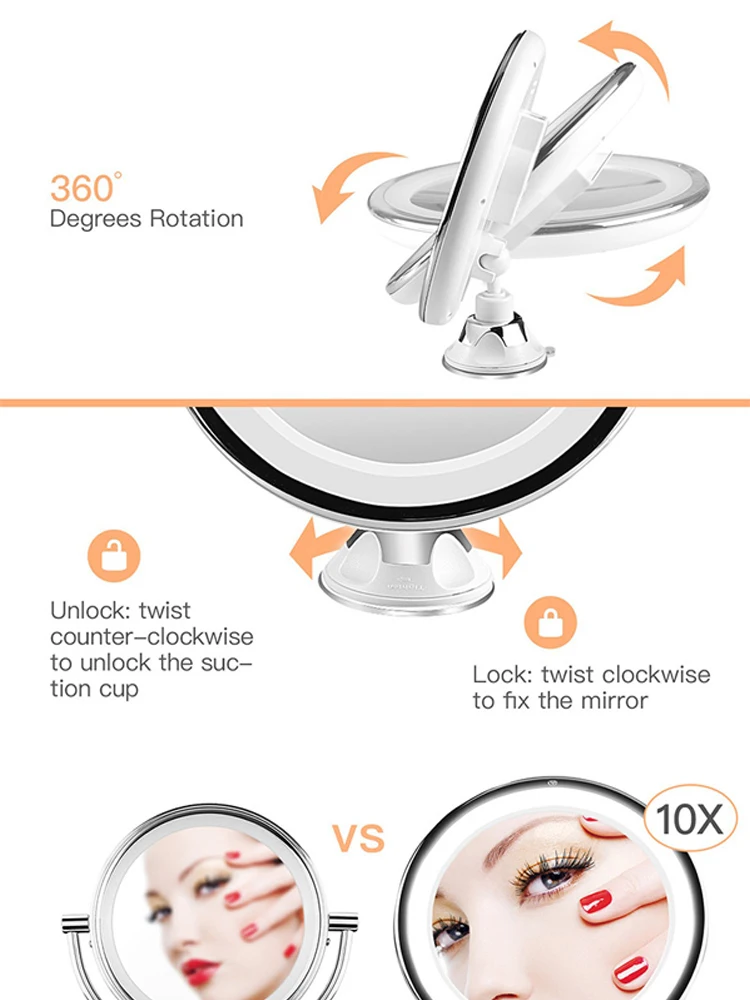 Светодиодный Зеркало 8 дюймов 10X увеличительный Настольный Топ для ванной круглые косметические инструменты для макияжа белая присоска 360