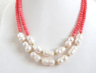 

Jewelr 006177 CLASSIC double 20" 17mm white natural pearls pink coral necklace