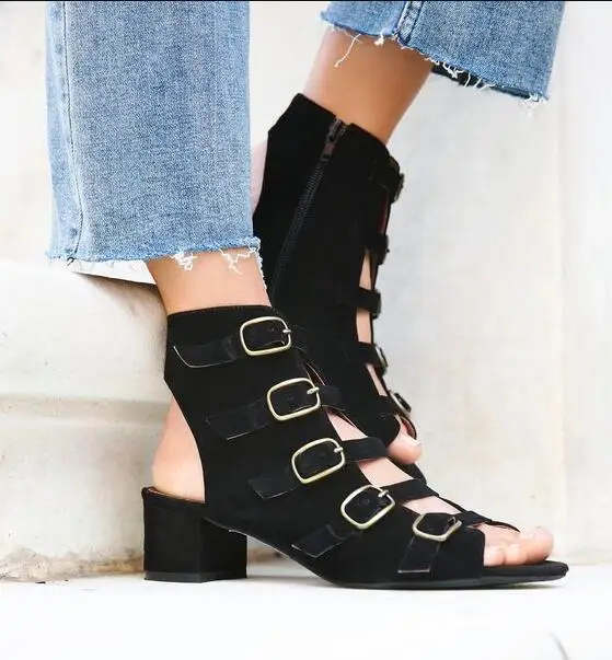 

Light Blue Black Denim Color Faux Suede Leather Summer Ladies Slingback High Heels Fashion Buckles Women Open Toe Sandals Mujers
