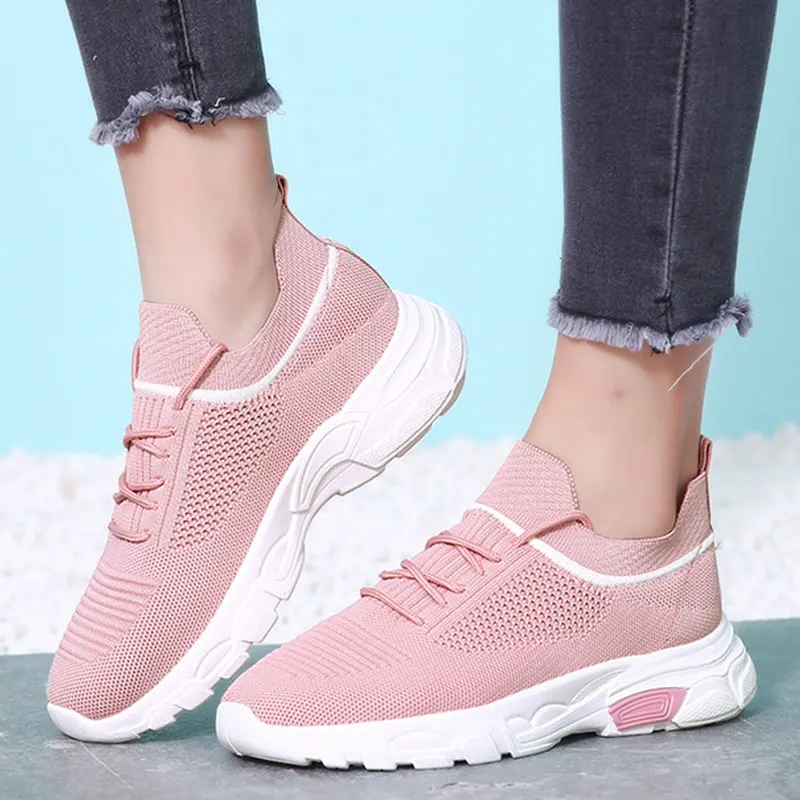 

NKAVQI Breathable Air Mesh Sneakers Women 2019 Spring Summer Lace up Platform Knitting Flats Soft Walking Shoes Women Flats
