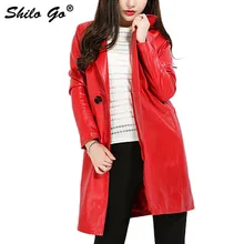SHILO GO кожаное пальто для женщин, осенняя мода, овчина, натуральная кожа, длинное пальто с лацканами и пуговицами, длинный рукав, прямое красное, черное пальто