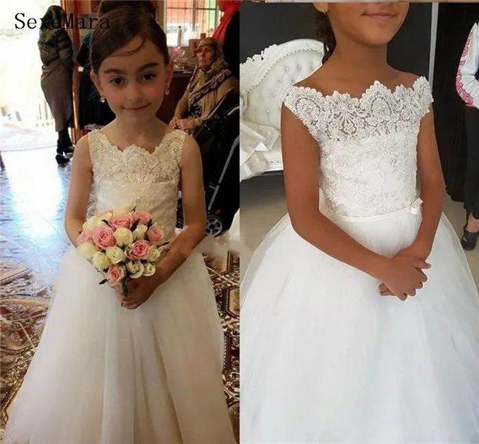 Nieuwe Witte/Ivoor EEN Lijn Bloem Meisje Jurk voor Bruiloft Kant Tule Kind Verjaardag Partij Jurken Meisjes Pageant Dress custom Made Maat