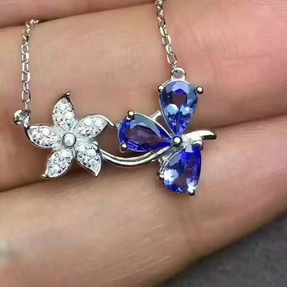 Natural blue tanzanite gem Necklace Natural gemstone Pendant Necklace 925 sliver Elegant romantic bauhinia flower women Jewelry