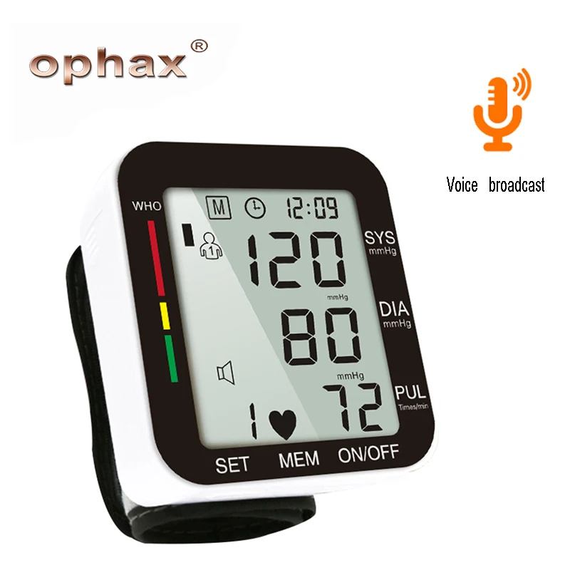 

OPHAX Household Blood Pressure Monitor Automatic Wrist Cuff BP Monitor LCD Digital Portable Tonometer Heart Rate Pulse Meter