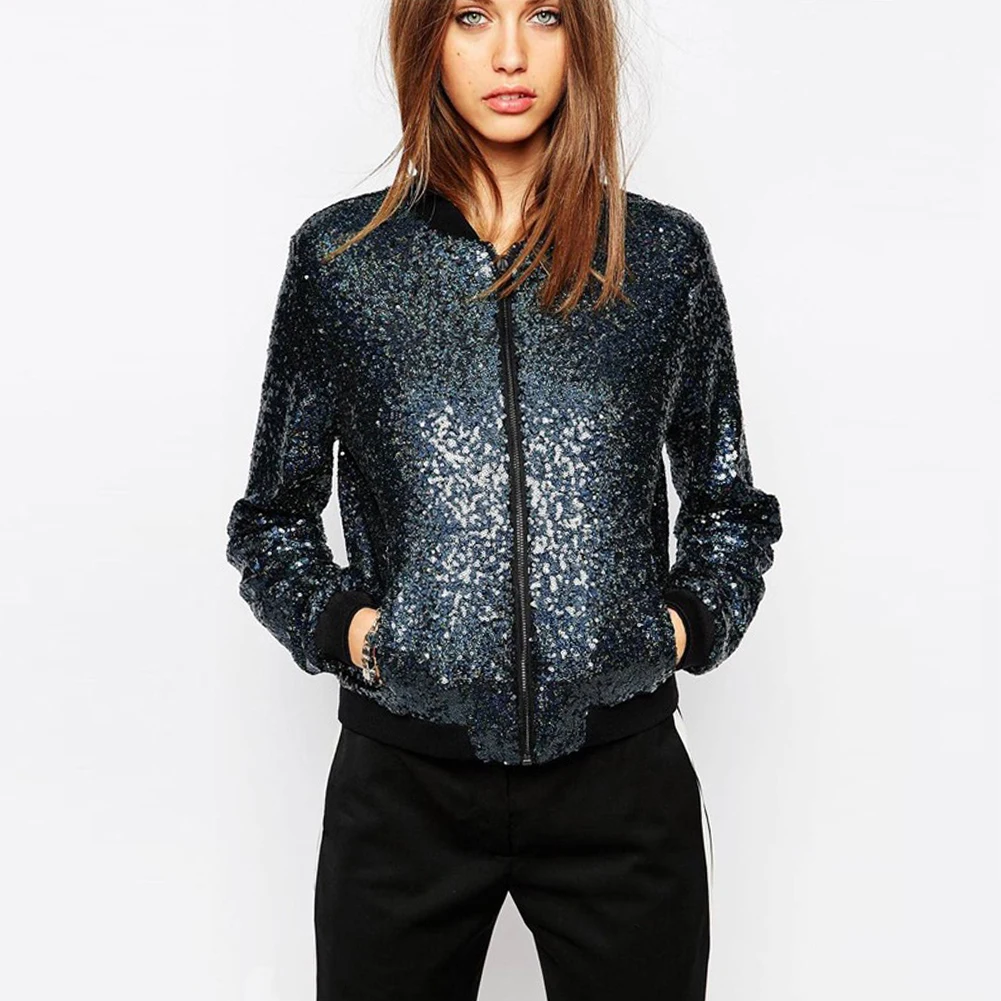 

Fashion Women Sequin Coat Autumn Spring Jacket Long Sleeve Zipper Streetwear Casual Loose Glitter Outerwear Casaco Feminino Tops