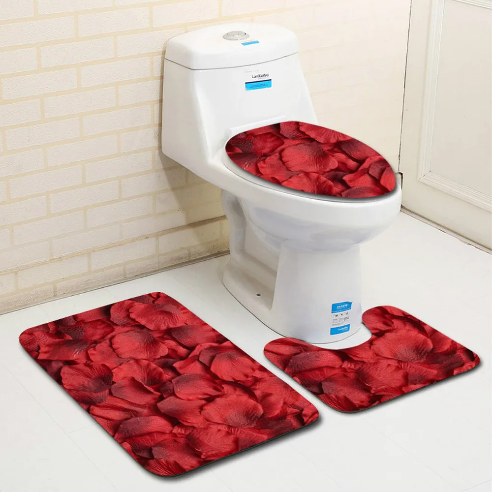 3PCS Toilet Seat Cover Valentine's Day Pattern Non Slip Toilet Seat Cover Rug Bathroom Set Decor Washroom Decoration Coves
