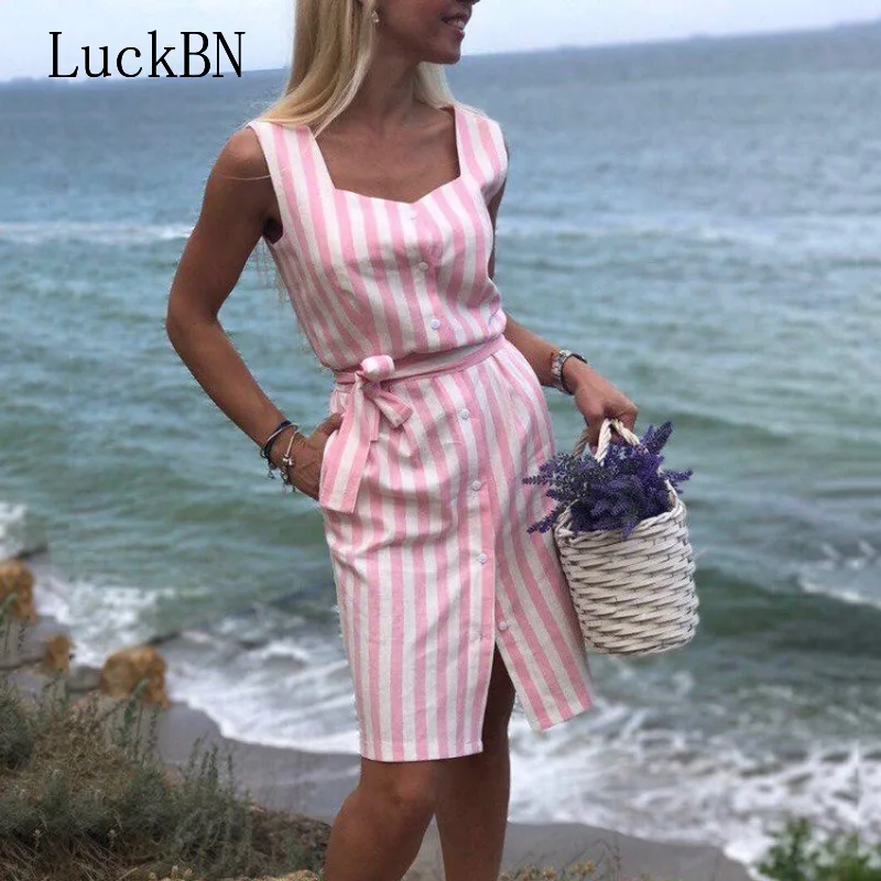 

Brand Fashion Women's Blue Pink Striped Dress Casual Sleeveless Button Shirt Dress OL Woman Summer Beach Party Dress Vestidos