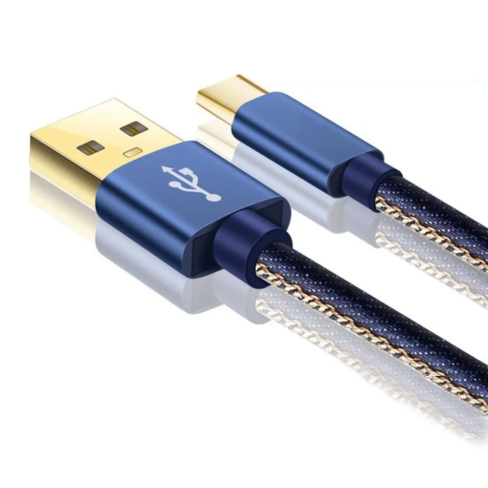 Кабель USB Type C с позолоченным штекером плетеный шнур из джинсовой ткани провод для