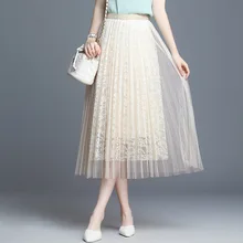 1613 Лето плиссированные юбки женские с высокой талией с двухслойным кружевны основаним тюль юбки для женщин Элегантная линия юбка сетка розовый черный