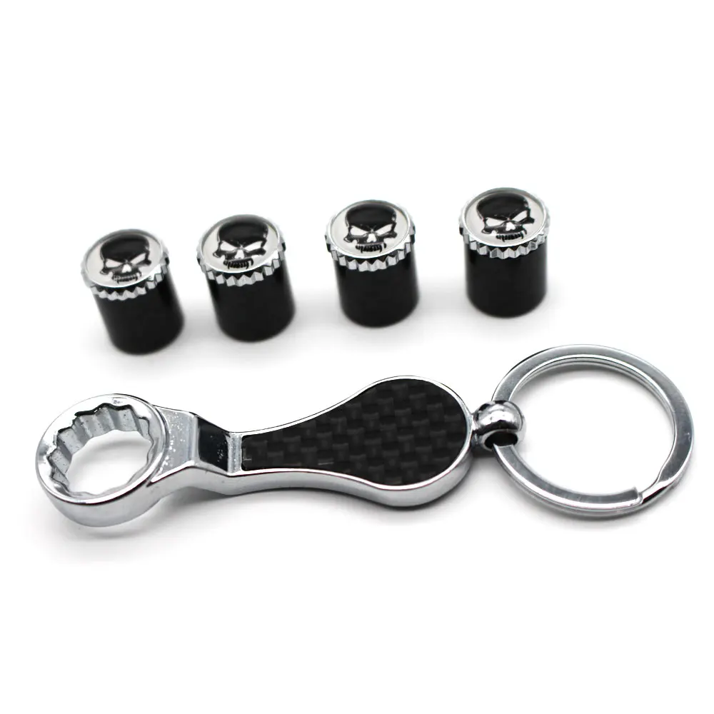 

5Pcs/Set Skull Style Emblem Auto Car Wheel Tire Air Valve Caps With Wrench Keychain Carbon Fiber + Copper Stem Dust Cover Access