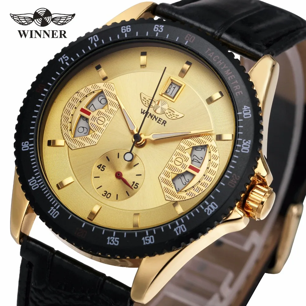 

2018 WINNER Brand Man Fashion Auto Mechanical Watch Casual Leather Strap Sub Dial Date Display Tachometer Top Luxury WristWatch