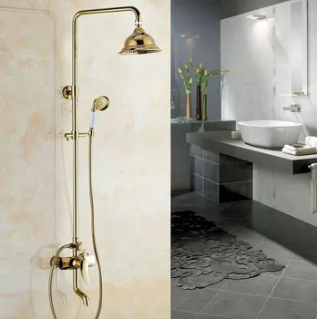

Wall Mounted Luxury Golden Brass Rain Bathroom Shower Faucet Set Bathtub Mixer Tap Hand Shower Cgf316