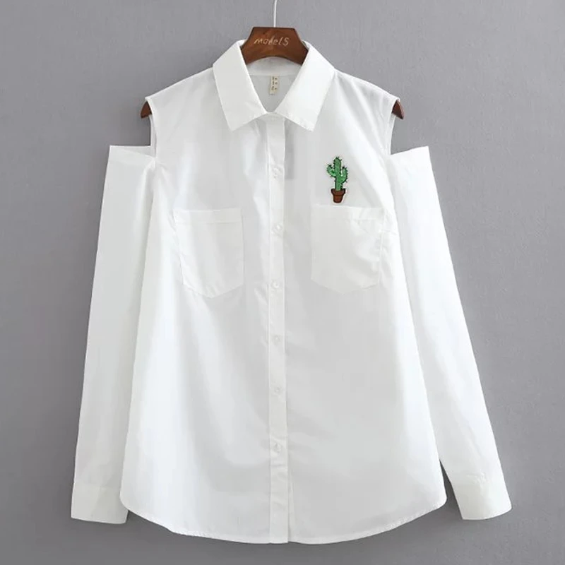 

2017 Spring Fashion Women Elegent Cactus embroidery Strapless loose shirt off shoulder Blouse Brand slim white Tops LS1051