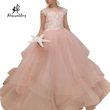 Новое поступление, розовые фатиновые Бальные платья с круглым вырезом и цветочным узором для девочек, многослойное торжественное платье для первого причастия для маленьких девочек