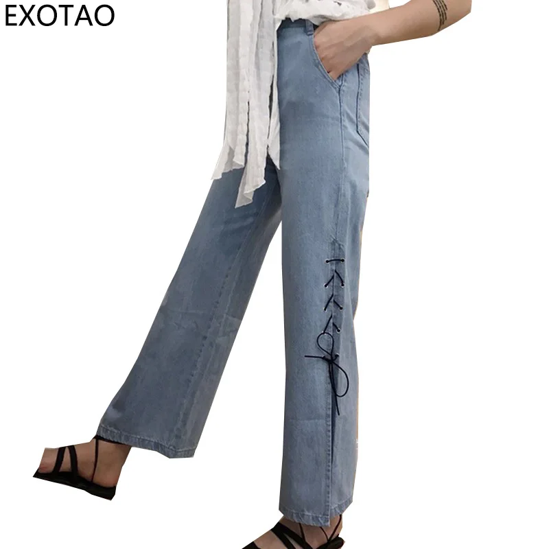 EXOTAO Bandage Waist Jeans for Women High Waist Harm Denim