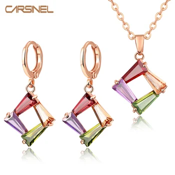 

CARSINEL Rose Gold color Wedding & Engagement Jewelry Fashion Colorful Zircon Necklace&Earrings for Women Copper Jewelry sets