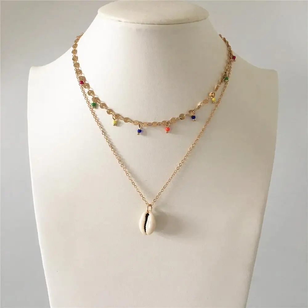 

LOVELY GOLD COLOR PLATING ROUND DISC CHAIN WITH COLORFUL BEAD CHARM NATURAL SEASHELL LAYERED NECKLACE