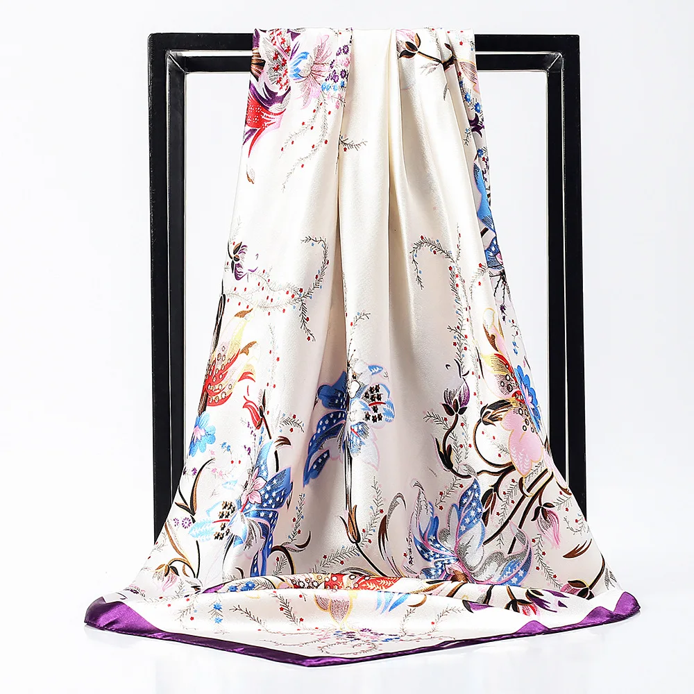 [Lakysilk]New Women Large Square Scarves Floral Print Wrap Satin Silk
