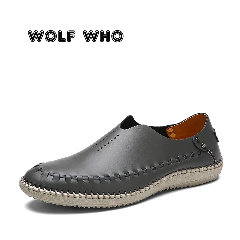 

WOLF WHO 2019 Leather Men Loafers Fashion Handmade Moccasins Soft Blue Gray brown white Slip On Male Boat Shoes Plus Size X-036