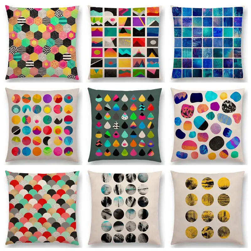 

Hot Sale Abstract Colourful Geometric Pattern Dream Rainbow Plaid Color Block Round Sector Diamond Cushion Sofa Throw Pillow