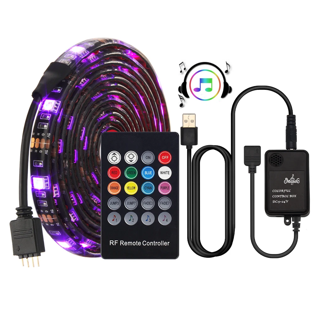 Светодиодная лента USB 5050 RGB музыкальный контроллер, звуковой датчик с радиочастотным пультом дистанционного управления IP20/IP65, музыкальный светодиодный светильник