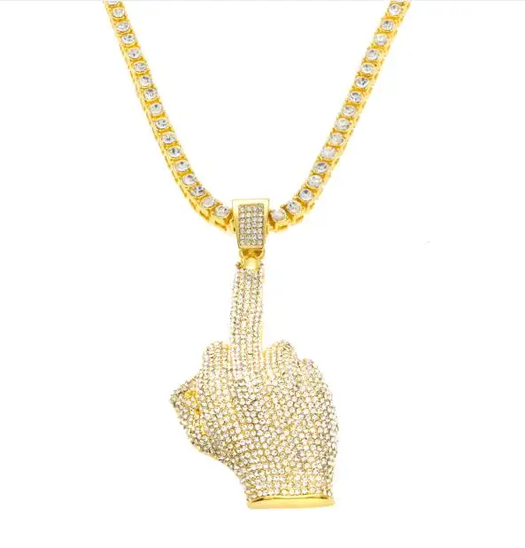 Хип-хоп мужские золотые стразы, подвески с большими средними пальцами, ожерелья с 6 мм, 30 дюймов, цепочка на веревке, ювелирные изделия - Окраска металла: gold tennis chain