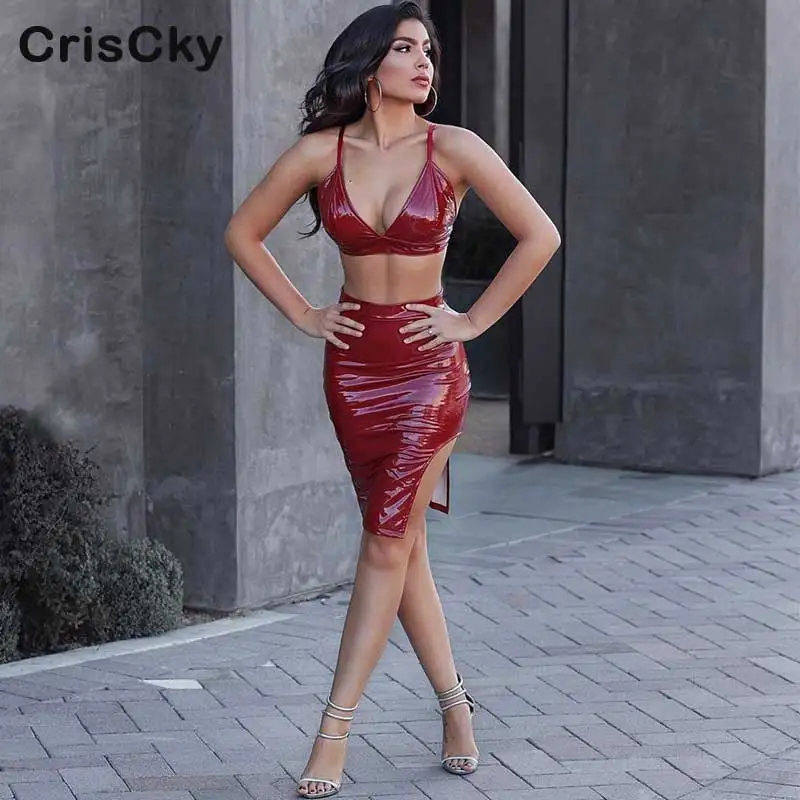 

CRISCKY 2019 Summer PU Two Pieces Set Womens V Neck Sleeveless Tank Top With High Waist Spaghetti Strap Skirts Ladies Sexy Set