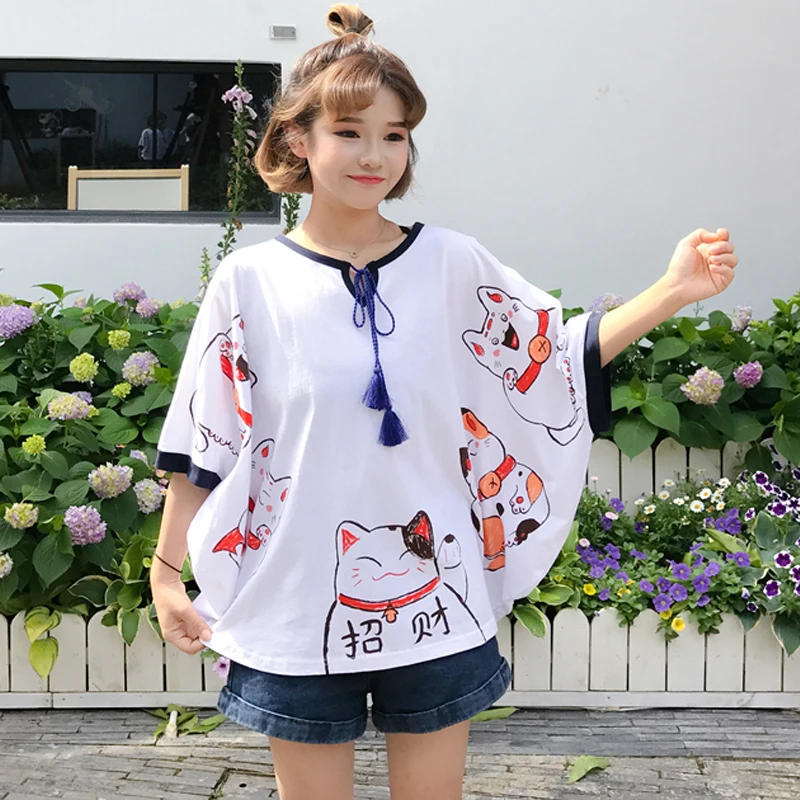 

Harajuku tshirt Loose t shirt Kawaii Fish Cat Paw Print tops Summer Batwing Sleeve t-shirt Preppy Style korean clothes Mori Girl