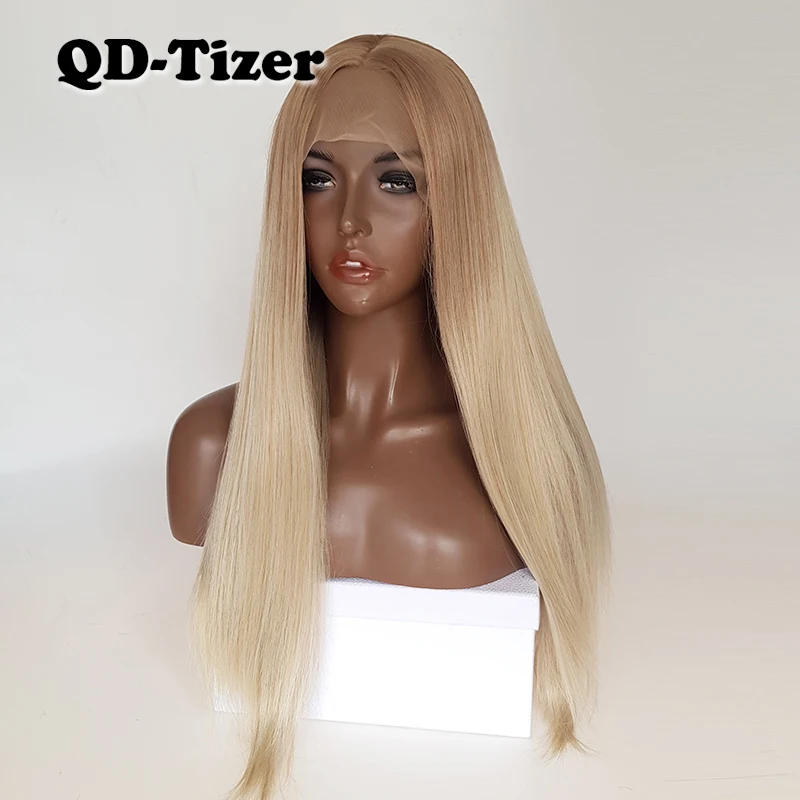 

QD-Tizer Pmbre Blonde Glueless Lace Front Wigs 2 Tone Color Light Brown Root Long Straight Synthetic Lace Front Wigs