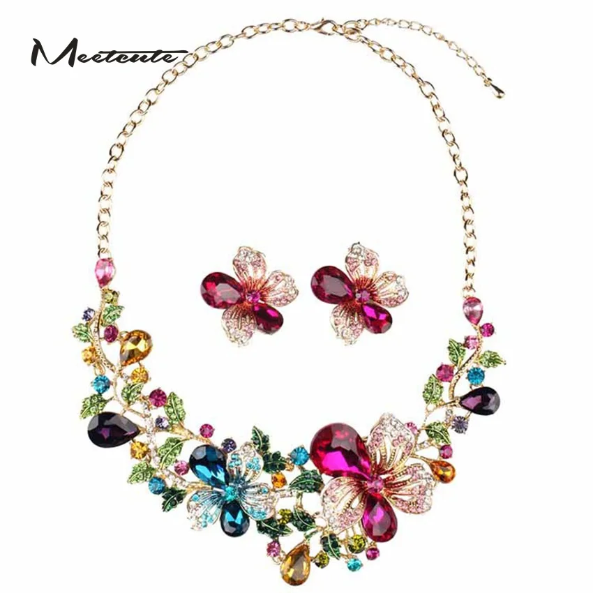 Meetcute 2018 Fashion Flower Necklace Earrings Exquisite Women Crystal For Jewelry Set Wedding Party Gift | Украшения и
