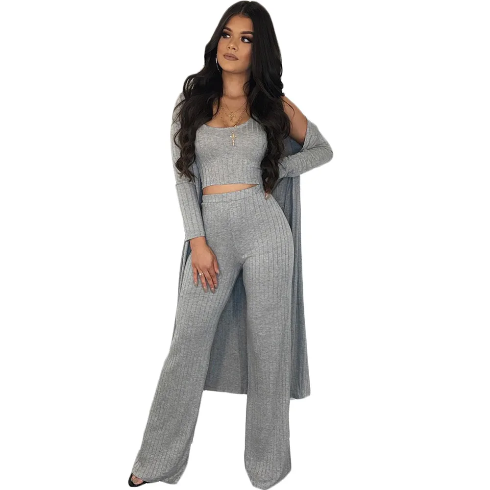 Casual Solid Knitted Rib Women Set Elegant Long Sleeve Long Coat Crop