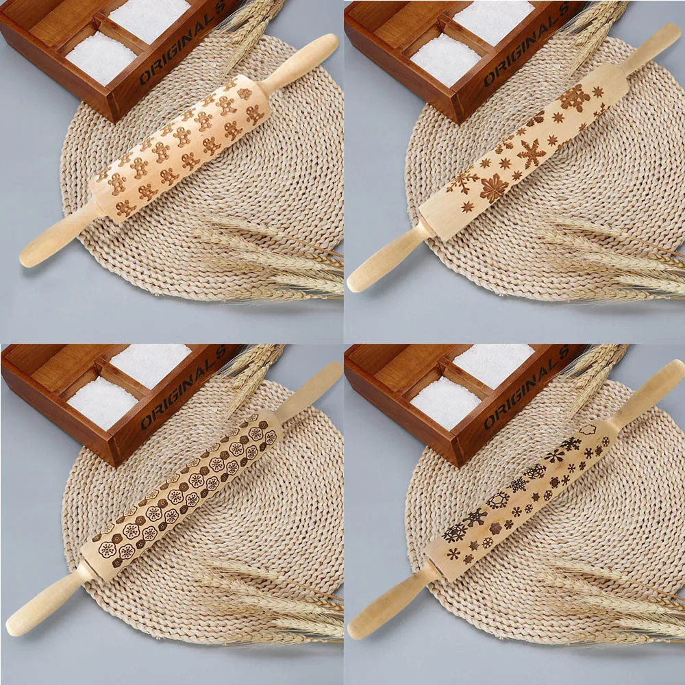 

Christmas rolling pin with pattern embossing Engraved Carved Wood Embossed Rolling Pin Kitchen Tool