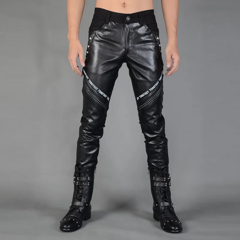 

mens fashion skinny slim fit PU faux leather pants black personality party nightclub clothing full length locomotive trousers