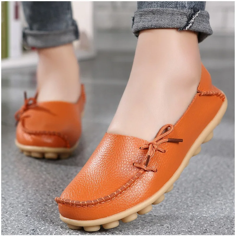 Женские туфли из мягкой натуральной кожи на плоской подошве; женские мокасины; неглубокие повседневные туфли; Лоферы для медсестры; женская обувь на плоской подошве; Размеры 35-43 - Цвет: orange