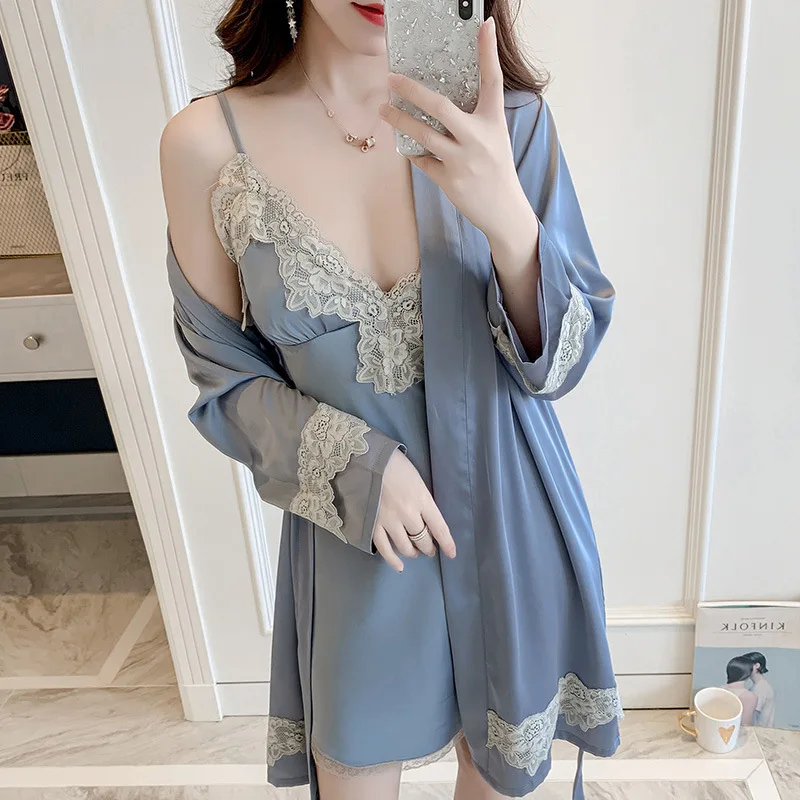 

2019 New Pattern Spring Summer Women Sexy Lace Robe Set Ice Silk Nightdress Cardigan Twinset Sleepwear