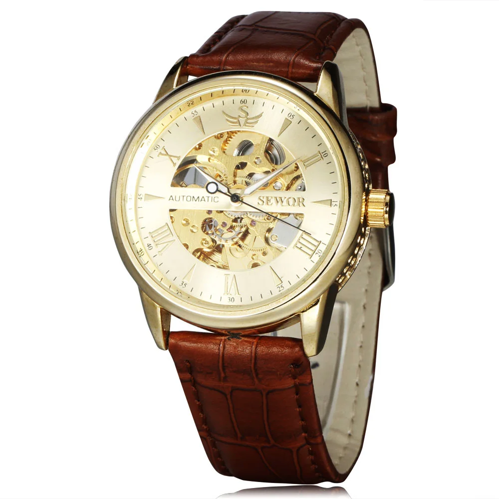 SEWOR Скелет механические часы кожаный Relogio Masculinos золотые часы Для мужчин Элитный бренд Для мужчин S Автоматический Наручные часы подарок - Цвет: 834105