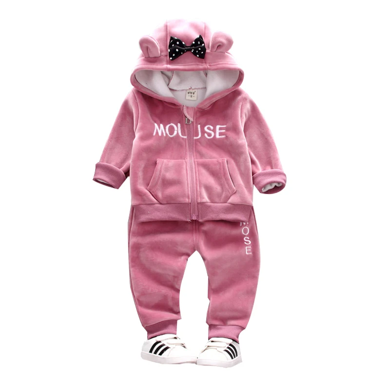 

Winter Girls Clothes Sets Velvet mouse Long Sleeved hoody +pants Sports Suits New year costumes Warm Children Clothing Kids Suit