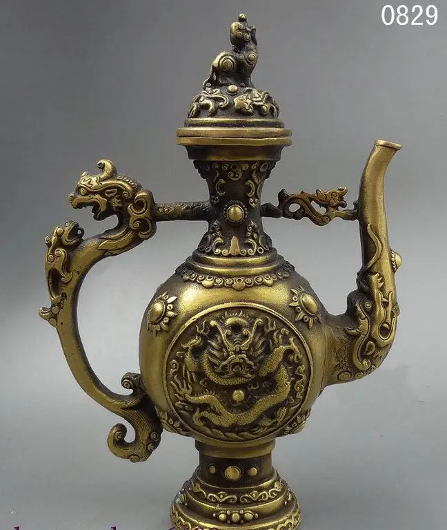 Народное искусство Китая китайская латунь JiXiang Fly Dragon Pearl Beast чайник скульптура