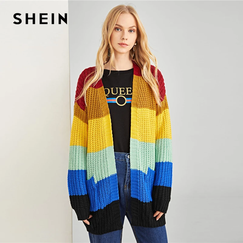 SHEIN Multicolor Cut and Sew Open Placket Sweater Coat