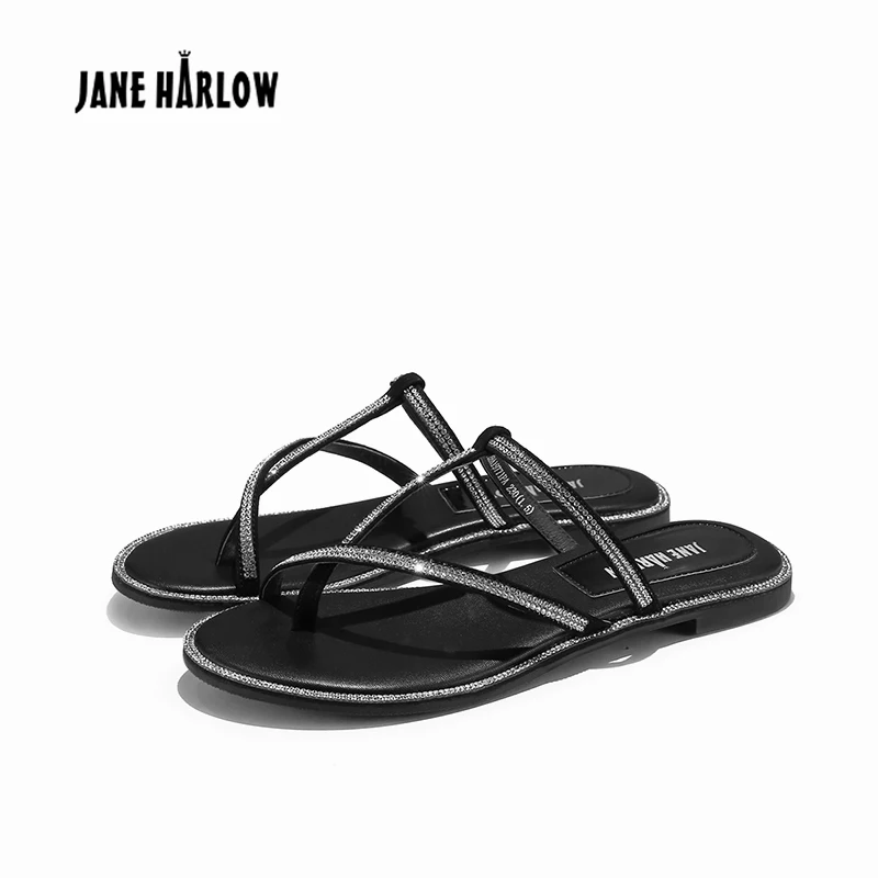 

JANE HARLOW 2019 New Women Slippers Fashion Luxury Female Flip Flops PU Leather Summer Women Flat with Shoes