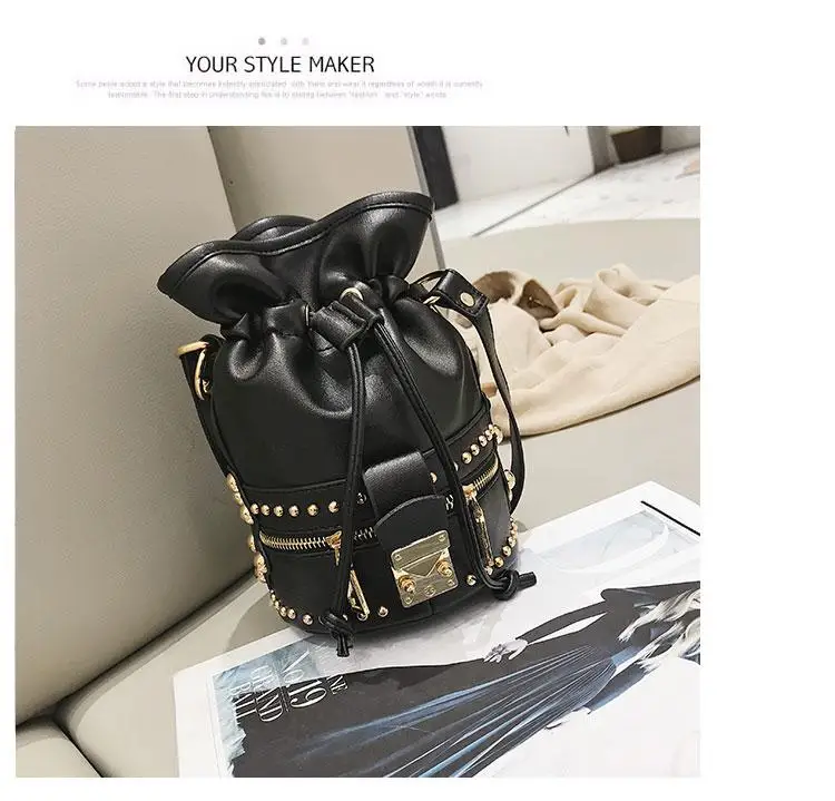 Small Bucket Lady Bag New Korean Fashion Retro Shoulder Metal Ins Super Hot Crossbody Drawstring Girl Handbag Brand Rivet - Цвет: 2