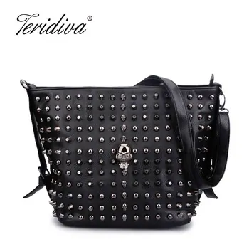 

Teridiva Bucket Bag Women's Fashion Handbag Solid Color Skull Shoulder Bag Women Rivet Handbags Messenger Bags Punk Bolsos Mujer