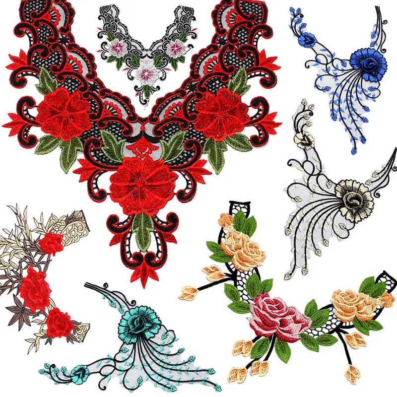

Various High quality Beautiful Patches Colorful Fabric Flower Neckline Collar Lace Applique Diy Decorative accessories Lace