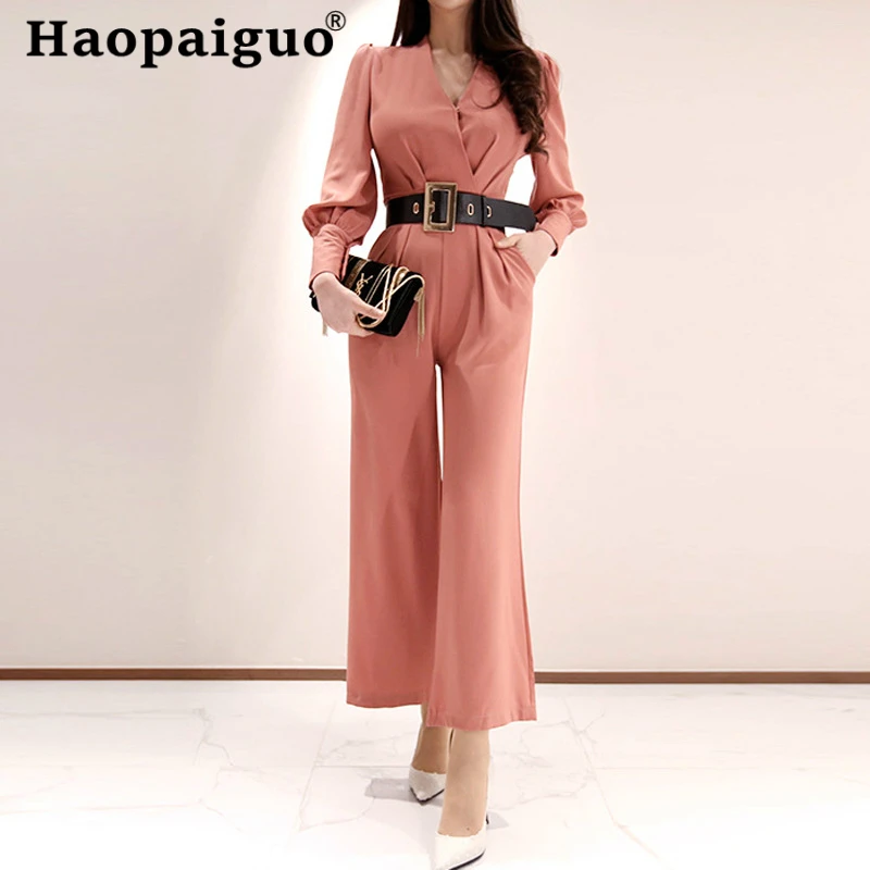 

Plus Size Pink Long Sleeve High Waist Jumpsuits Women Summer V Neck Wide Legge Jumpsuit OL Elegant Workwear Solid Jumpsuits