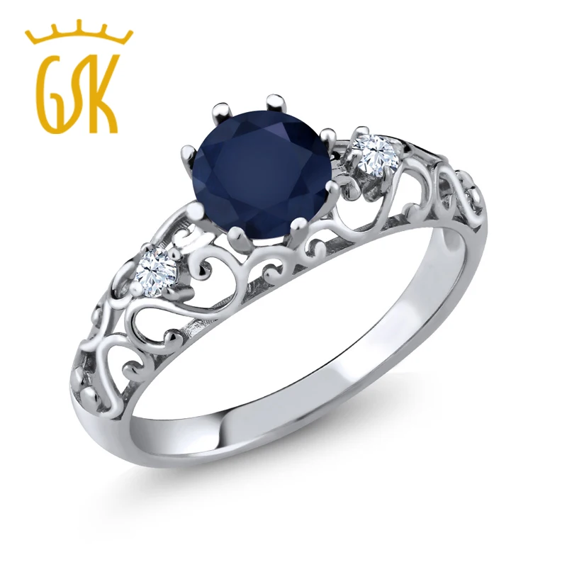 Gemstoneking 1.08 CT круглый голубой сапфир кольцо стерлингового серебра 925 Ретро дамы