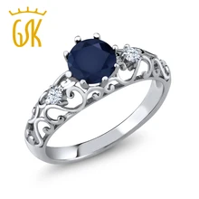 Gemstoneking 1.08 CT круглый голубой сапфир кольцо стерлингового серебра